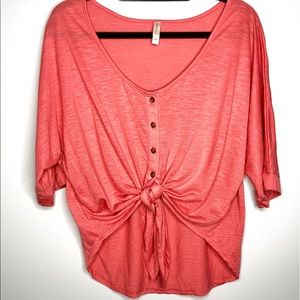 Coral Tie Front Button Up Cropped Top
